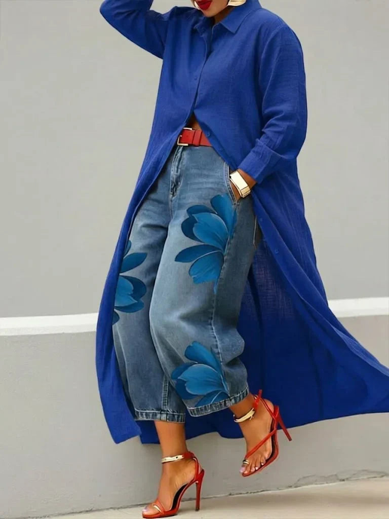 Analie | Linen Shirt Dress and Floral Jeans