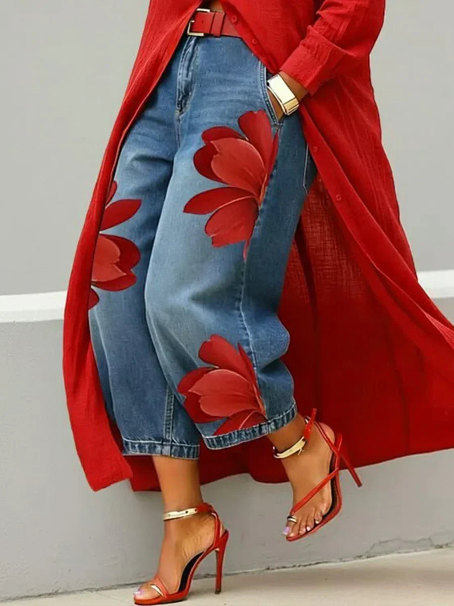 Analie | Linen Shirt Dress and Floral Jeans