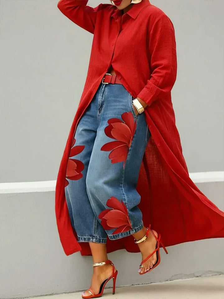 Analie | Linen Shirt Dress and Floral Jeans