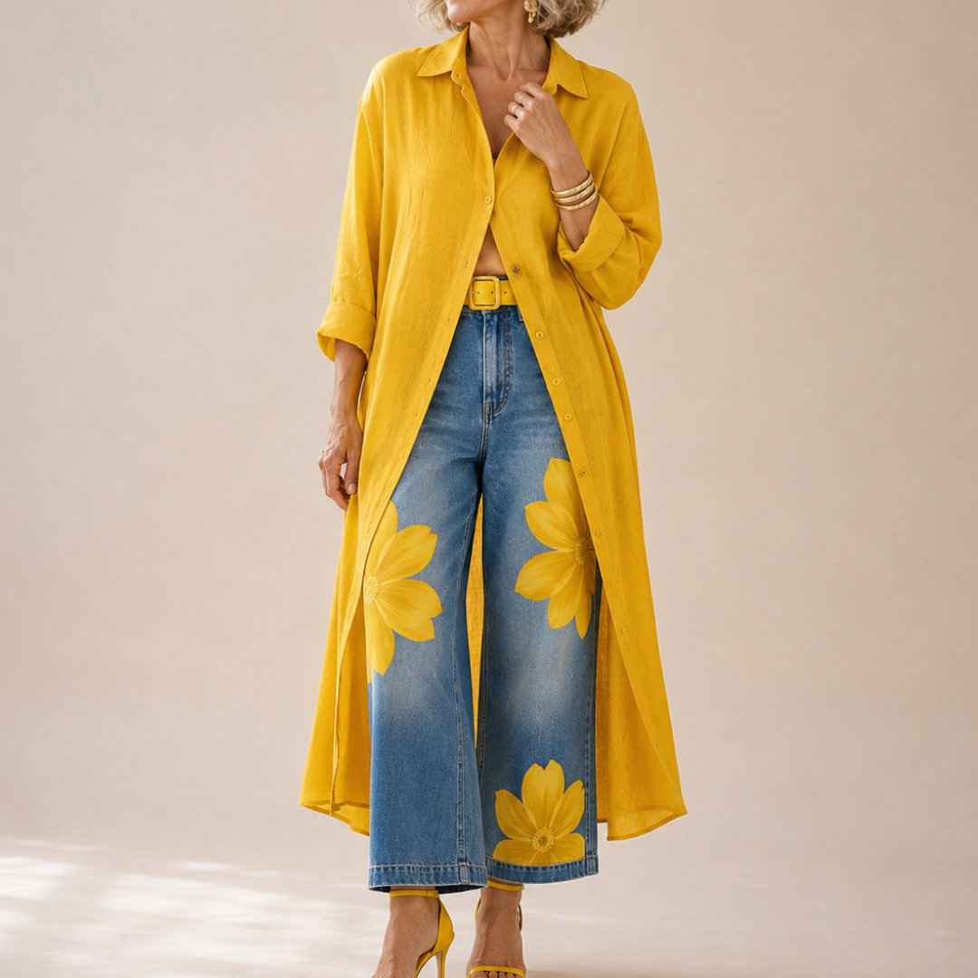 Analie | Linen Shirt Dress and Floral Jeans