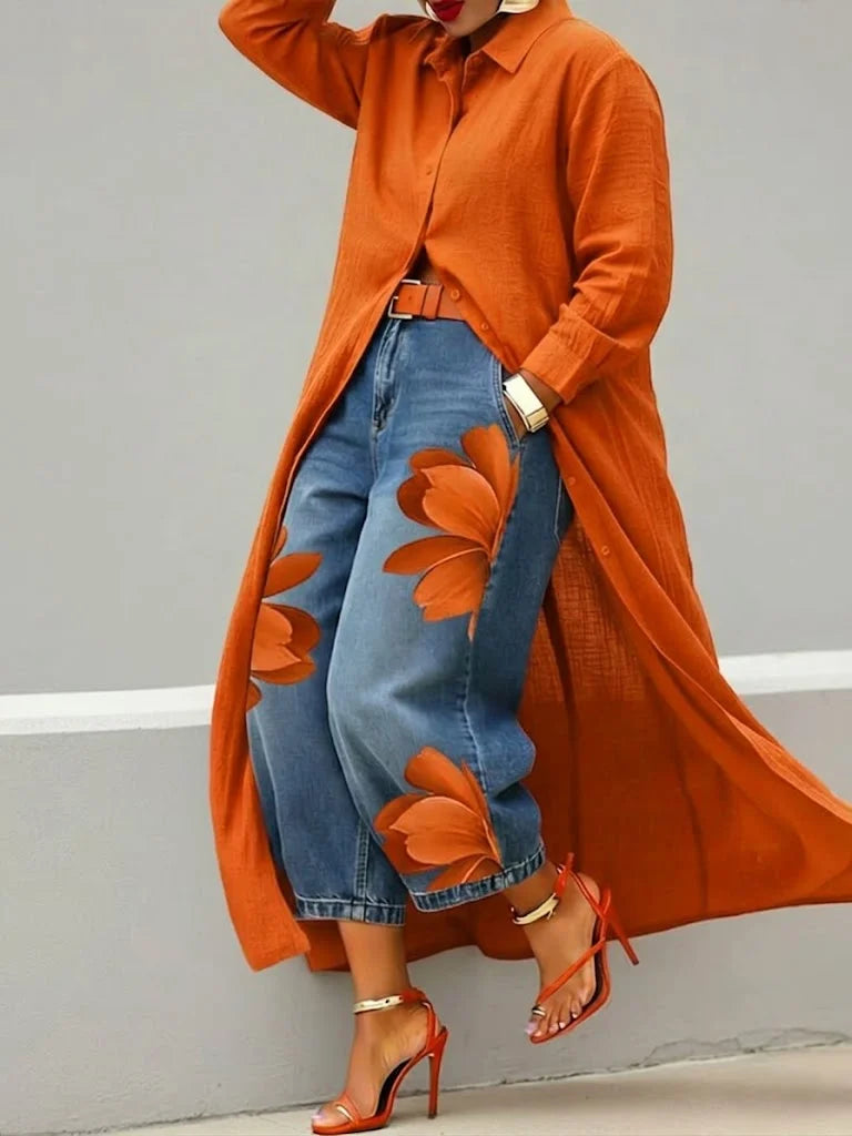 Analie | Linen Shirt Dress and Floral Jeans