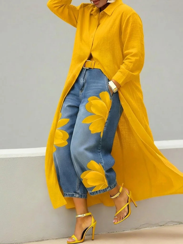 Analie | Linen Shirt Dress and Floral Jeans